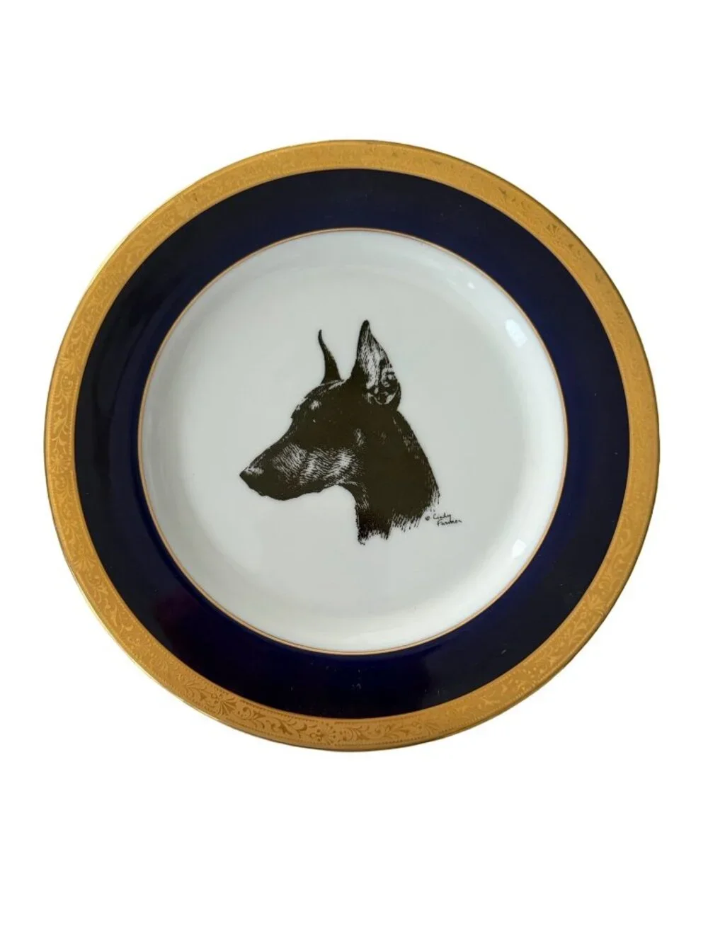 Rosalinde Doberman Pinscher Dessert Plate Cindy Farmer Cobalt Blue Gold Trim Por